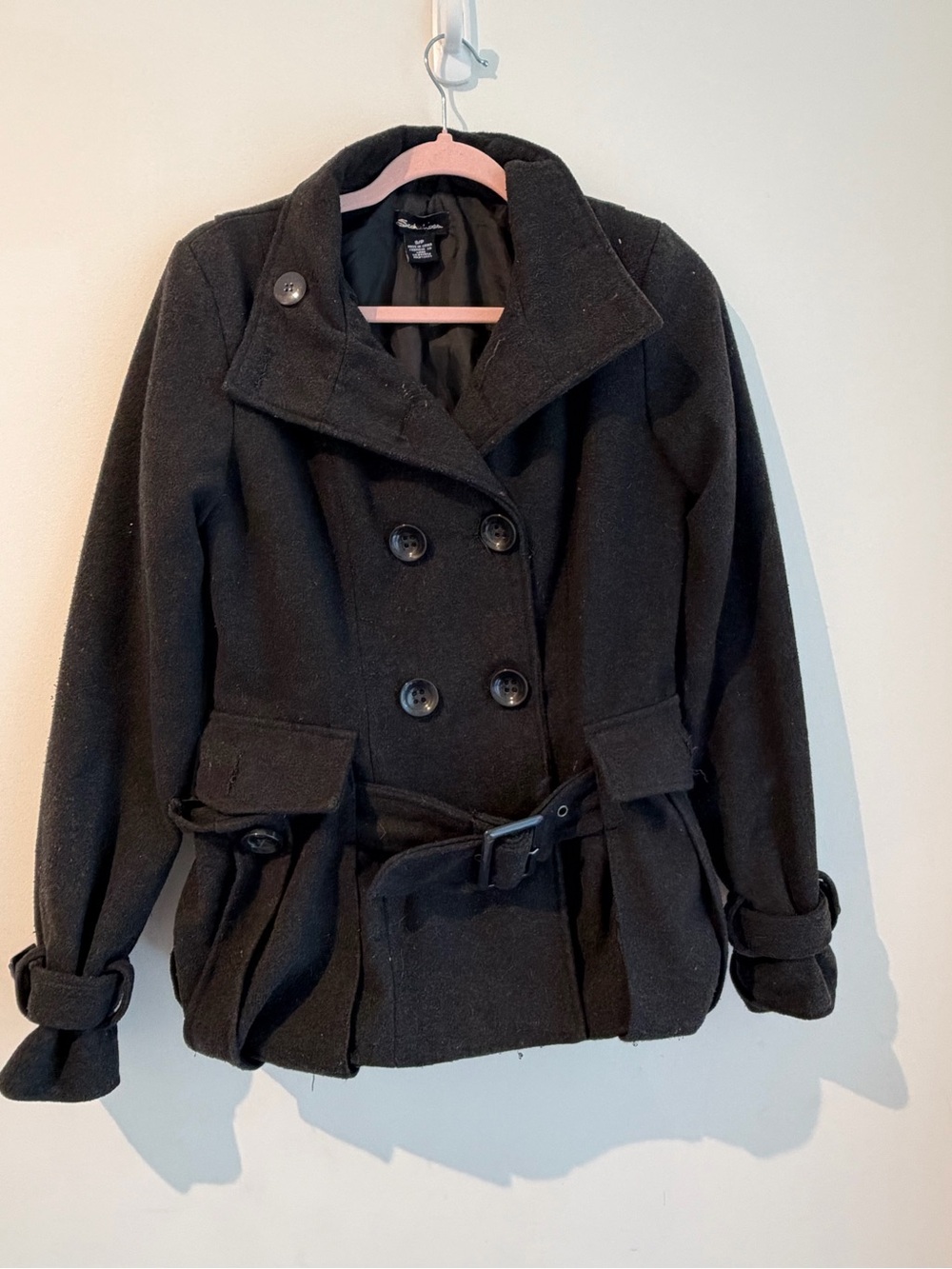 Womens Black Double-Breasted Wool Peacoat with Belt #y2k - Picture 4 of 5